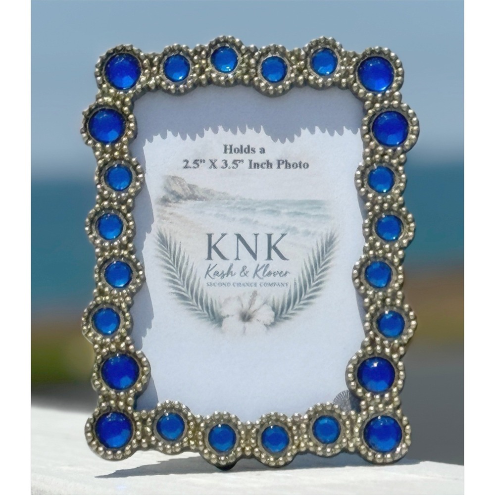 Blue Rhinestone Picture Frame Gold Tone Coastal Glam Vintage Photo Sparkle